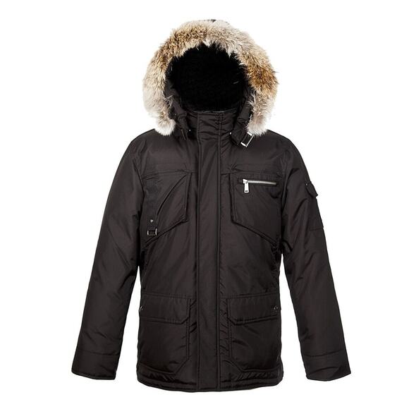NWT PAJAR CANADA BLACK NYLON COYOTE FUR HOODIE JAMES GOOSE DOWN JACKET L - Picture 1 of 9